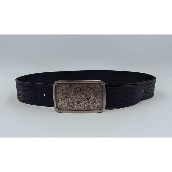 Fossil 90s Brown Tooled Leather Belt Sz Small 3x2 Silver Engraved Buckle Floral - Picture 1 of 8